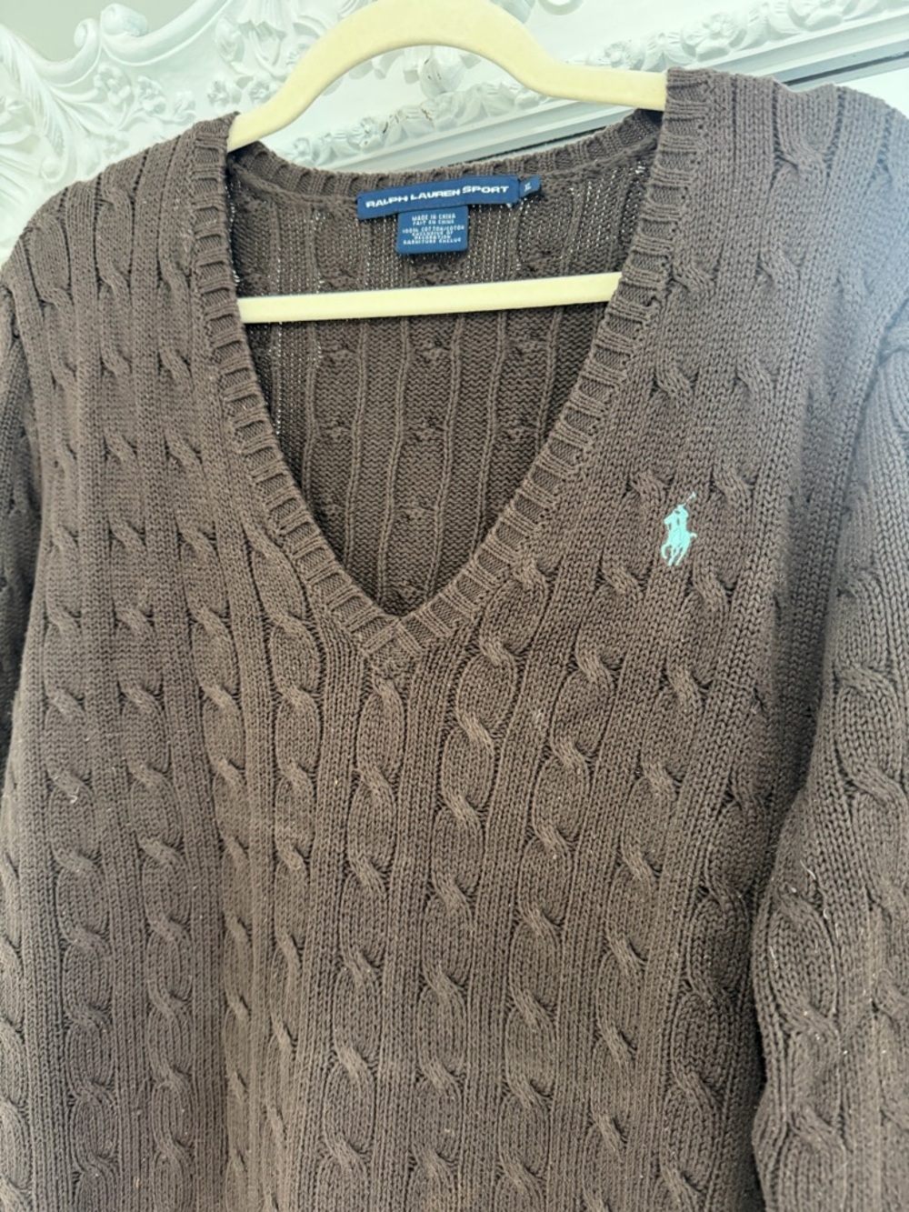 Ralph Lauren Brown Cable Knit V-Neck Logo Sweater Top - Picture 3 of 5